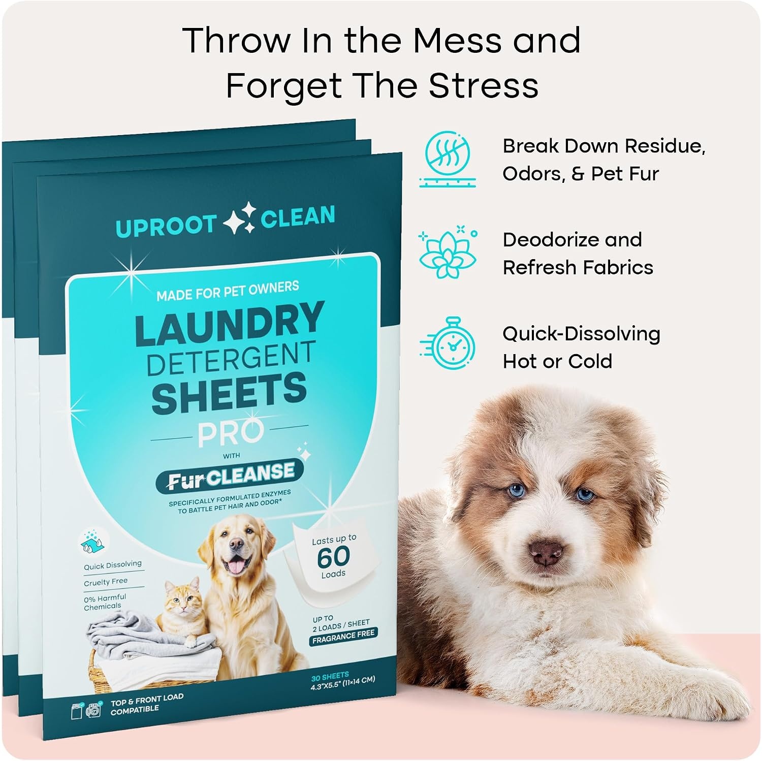 image:imageUproot Clean Pet Laundry Detergent Sheets Ultra Unscented Up to 60 LoadsPro Fragrance Free 3 pack
