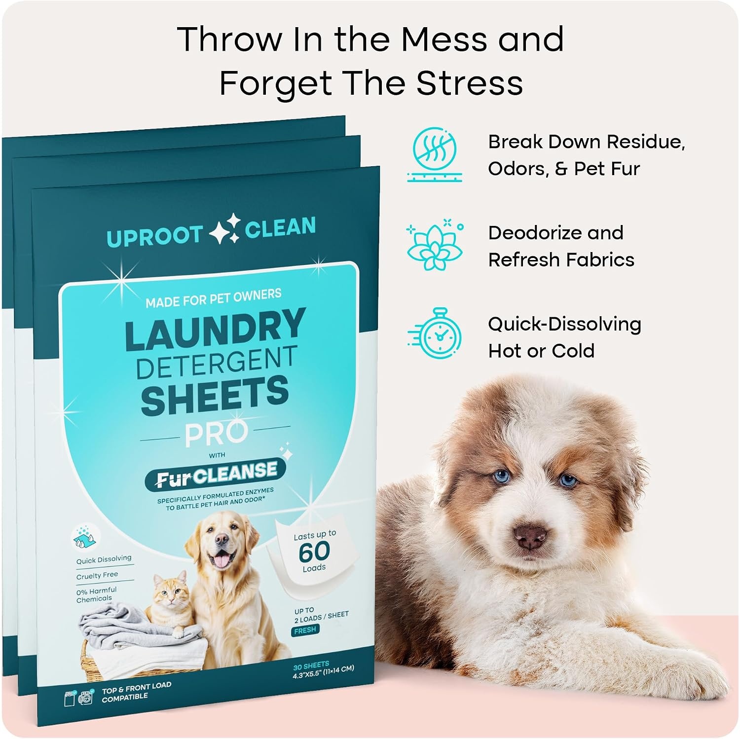 image:imageUproot Clean Pet Laundry Detergent Sheets Ultra Unscented Up to 60 LoadsPro Fresh Scent 3 pack
