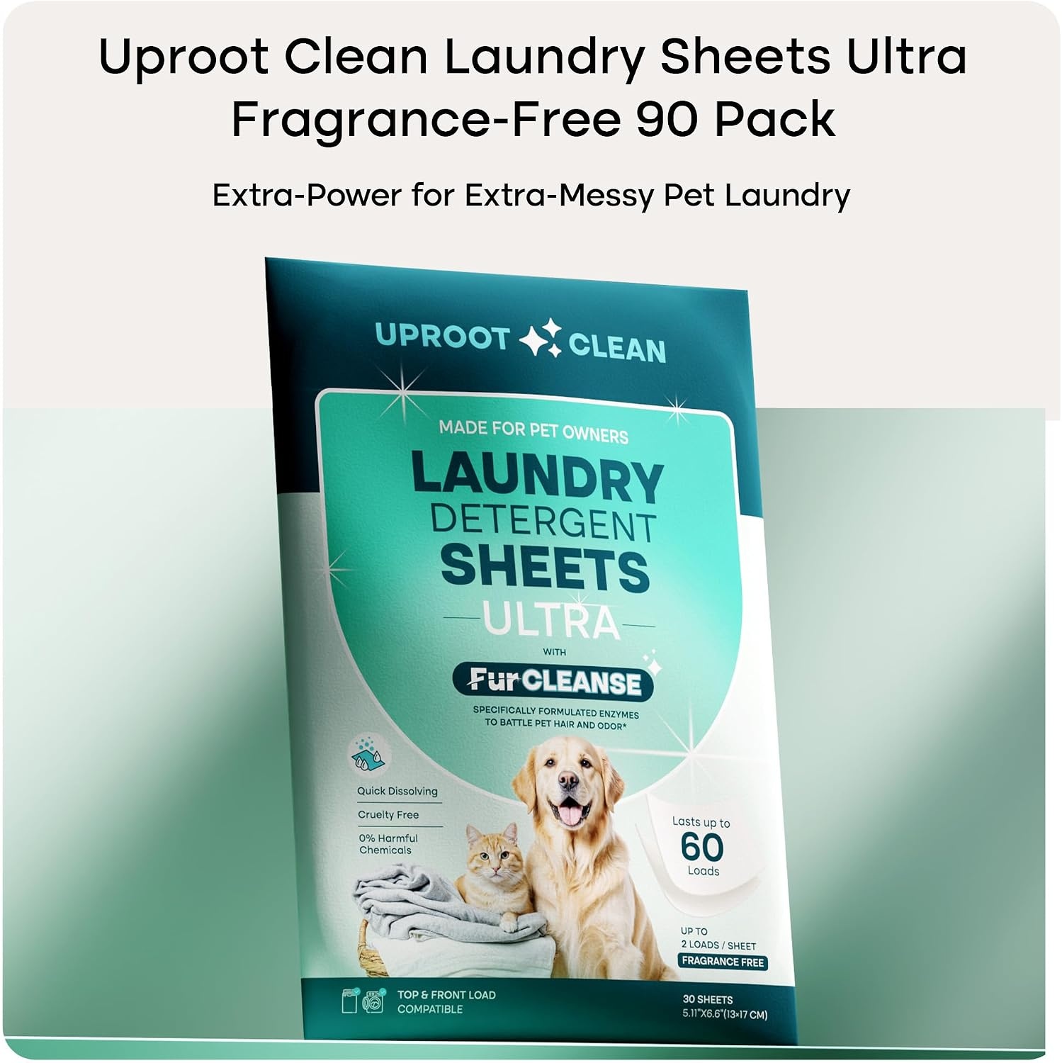 image:imageUproot Clean Pet Laundry Detergent Sheets Ultra Unscented Up to 60 LoadsUltra Fragrance Free 3 pack