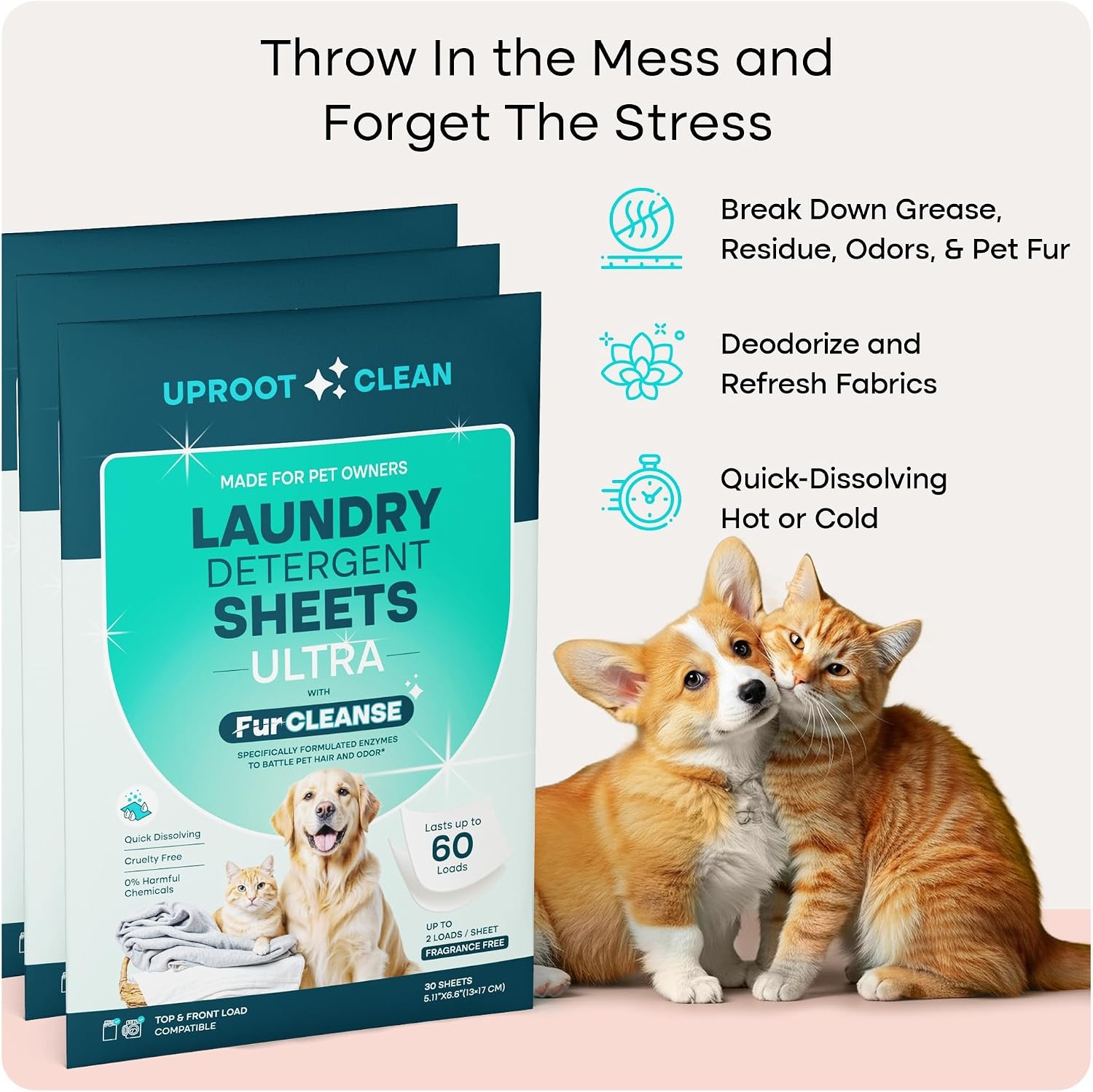 image:imageUproot Clean Pet Laundry Detergent Sheets Ultra Unscented Up to 60 LoadsUltra Fragrance Free 3 pack