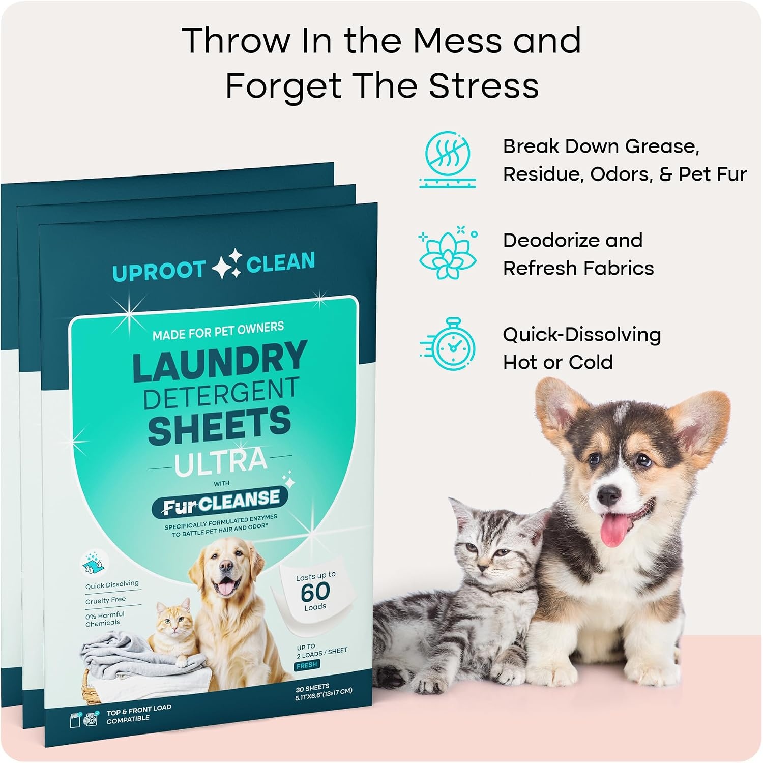 image:imageUproot Clean Pet Laundry Detergent Sheets Ultra Unscented Up to 60 LoadsUltra Fresh Scent 3 pack