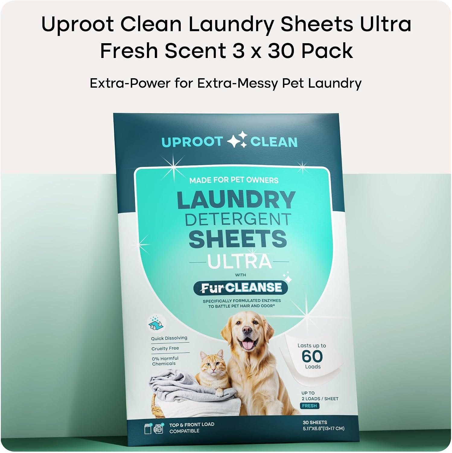 image:imageUproot Clean Pet Laundry Detergent Sheets Ultra Unscented Up to 60 LoadsUltra Fresh Scent 3 pack